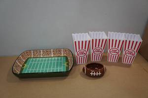 lot 252 image: Football Serving Dish and Reuseable Popcorn Containers