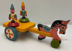 lot 190 image: Vintage Handmade Wooden Folk Art Animated Horse Drawn Wagon Pull Toy
