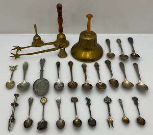 lot 18 image: Group Of Misc. Brass Bells, Silver Plated Spoons & More