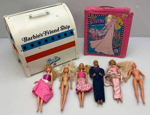 lot 86 image: Misc. Vintage Barbies, Ken With Carrying Case & 1972 Barbie Airplane (Missing Parts May Be Present)