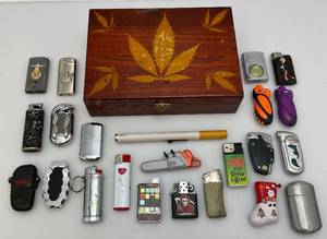 lot 127 image: Vintage Wood Inlayed Box With Misc. Novelty Lighters