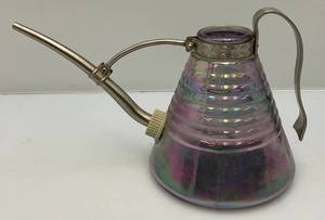 lot 129 image: RARE Iridescent Pearl Glass Watering Can With Metal Handle