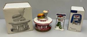 lot 233 image: Department 56  Dinahs Drive-In & Uptown Motors Ford Billboard In Original Boxes