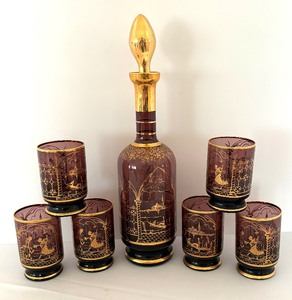 Vintage Venetian Glass Decanter with 6 Glasses