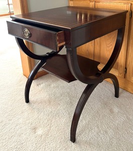 lot 9 image: Vintage Neoclassical Mahogany Side Tables with Inlays and Stenciled Top