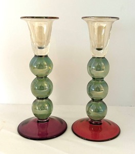 Pair of Krosno Tri-Colored Glass Candle Holders