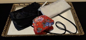 Vintage Vanity Tray Mirror with Two Purses, Coin Bag and a Doll