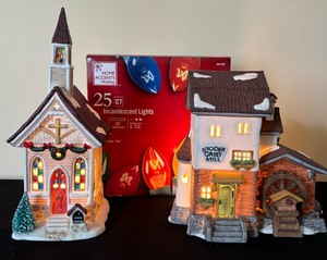 Christmas Grace Chapel Christmas Village Collection and Stoder Grist Mill Alpine Village Series Department 56 and String of Colorful Lights