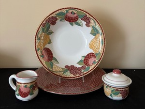 Wonderful Four Piece Set Mosaic Fruit Earthenware Exclusive by Pier1 including Platter, Large Bowl and Sugar & Cream