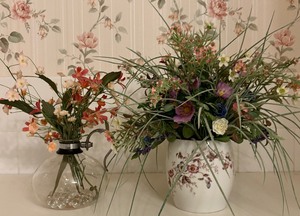 Two Faux Flower Arrangement with Glass and Ceramic Vases