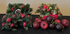 Fun Holiday Decor with Basket Full of Faux Fruit and Greens  Picks of Apples and Plumbs and Two Candle Holder
