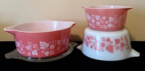 Three Rare Vintage Pink Gooseberry Pyrex Casserole Dishes