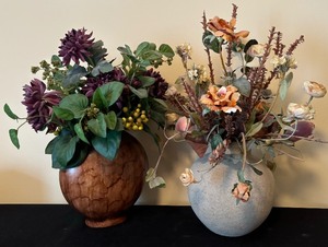 Two Beautiful Faux Muted Color Flower Arrangements with One Wood and One Ceramic Vase