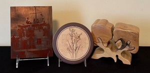 Vintage Wooden Bonsai Wooden Jewelry Box, Round Pottery Piece with Handmade Trees & Leaf Impressions and Thick Wood Block