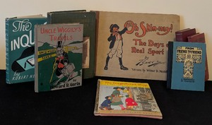 Vintage Hardcover Books including Oh Skin-Nay The Days of Real Sports by Briggs, Uncle Wiggilys Travels, They Boy Fish and More
