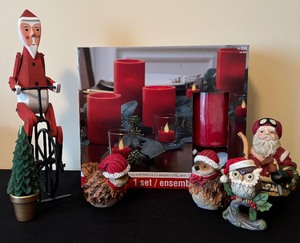 Adorable Christmas Decor including Wooden Santa on a Bike, 2 Santa Birds, Handmade Owl and More