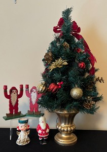 Vintage Wooden Santa Candle Holders, Tree and Small Christmas Figurines