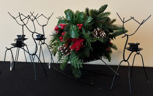 Beautiful Set of 4 Medal Black Reindeer Candle Holders and Sleigh with Faux Holiday Greens
