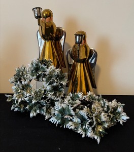 Two Vintage Brass Colored Angel Candle Holders and Faux Greens for Candle