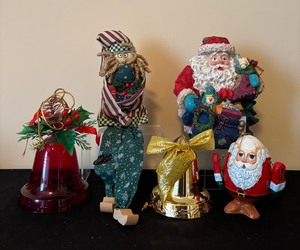 Christmas Decor Including Plaster Cloth Santa with Bag, Reindeer Candles, Elf and Three Lighted Musical Bell