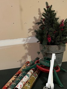 Holidays Are Here Heavy Planter with Christmas Tree, Wrapping Paper, Tree Stand and Wreath Hanger