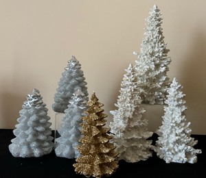 Holiday Trees including Three White Sparkly by Department 56 and Candles Three Glittery Silver and One Gold Glittery
