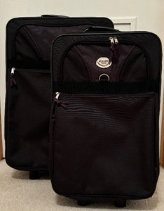Two Large and Small Black and Purple Piping Luggage by Flight Club