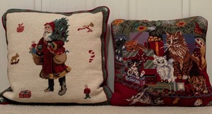 Fun Christmas Throw Pillows with Santa and Cat with Presents