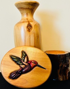 Set of 3 Wooden Decoration Items Including a Vase, Plaque, and Candle