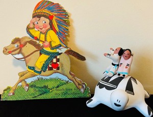 Lot of 2 Native American Themed Decorations Including a Ceramic Turtle and Themed Vintage Card