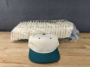 lot 689 image: 24 Brand New Yupoong Off White and Jade Hats OSFM A