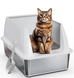lot 147 image: New Stainless Steel Litter Box, XL Metal Litter Box with Lid,14High Side Cat Litter Box for Big Cats and Kittens, Extra Large Litter Box with Scoop, Non-Sticky,Anti-Leakage and Easy Clean, White $49.99 Retail B
