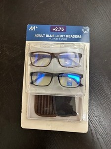 lot 129 image: New Open Box 2 Pack of M Adult Blue Light Reading Glasses 2.75 with 2 cases