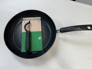 lot 97 image: T-fal Nonstick Fry Pan 10.5 Inch, Oven Safe 400F, Skillet, Non Stick Frying Pan,  Dishwasher Safe, Black & Straigt Edge Peeler