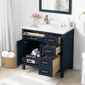 lot 17 image: New OVE Decors Lakeview Vanity in Midnight Blue With Built In Power Bar, Engineered Stone Countertop and Backsplash Included Retail $999.99