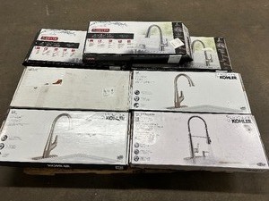 lot 218 image: 7 Open Box Customer Return Kitchen Faucets 4 Kohler, 1 Semi-Professional, 1 Matte Black Touchless, 2 Lir, & 3 Delta Auburn