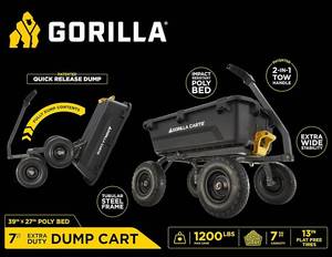 lot 200 image: Gorilla Carts 7GCG-NF Heavy-Duty Poly Dump Cart with No-Flat Tires, 7 cu ft, 1200 lb Capacity, Black