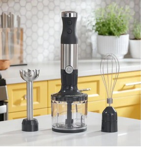 lot 69 image: GE 2-Speed Stainless Steel Immersion Hand Blender with Whisk, Blending, and Chopping Jar Attachments