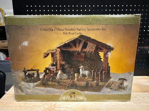 Grandeur Noel 17 Piece Porcelain Nativity Accessories Set with Wood Creche