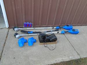 Misc 80 v kobalt tools, trimmers, chainsaw, batteries for parts or repair. As shown.
