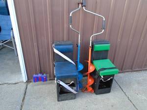 Qty of 2 fishing augers & chairs. As shown.