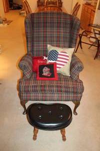 lot 12 image: Plaid Chair, Footstool & Throw Pillows