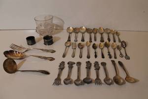 lot 63 image: Silver Plate & Pewter Souvenir Spoons & Serving Pieces
