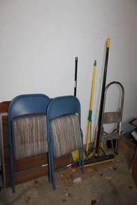 lot 143 image: Folding Chairs, Tables, Cleaning Tools & Step Stool
