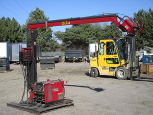 lot 10 image: Skid Mounted Lincoln Ideal Arc CV 305 Welder wZipline Weld Boom & LN-10 Wire Feed Control