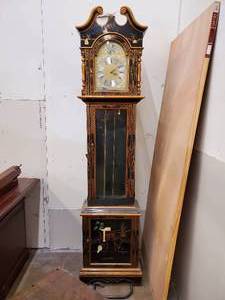 Antique Black and Gold Inlaid Grandfather Clock with Cabinet
