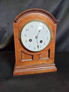 Vintage Wooden Mantel Clock with White Face and Brass Details