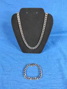 lot 124 image: New Mens Stainless Steel CZ Curb Link 11mm 24 Chain and 8 Bracelet Set, Retails for $125