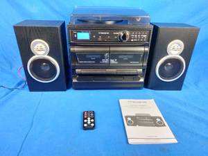lot 189 image: Trexonic Home Stereo System with Turntable, CD Player, Dual Cassette Decks and Wired Shelf Speakers, Retails for $245