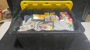 lot 18 image: Large Storage Bin with Assorted Light Bulbs and Accessories